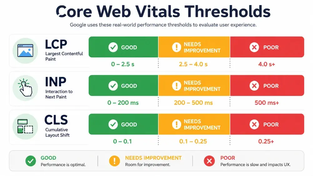 Core web vitals thresholds for LCP, INP, and CLS scores