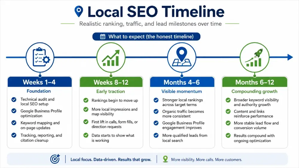 Local SEO timeline showing ranking and traffic milestones