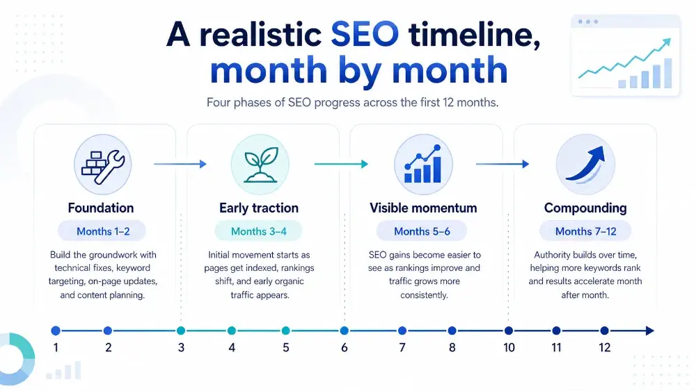 Month-by-month SEO results timeline broken into four phases