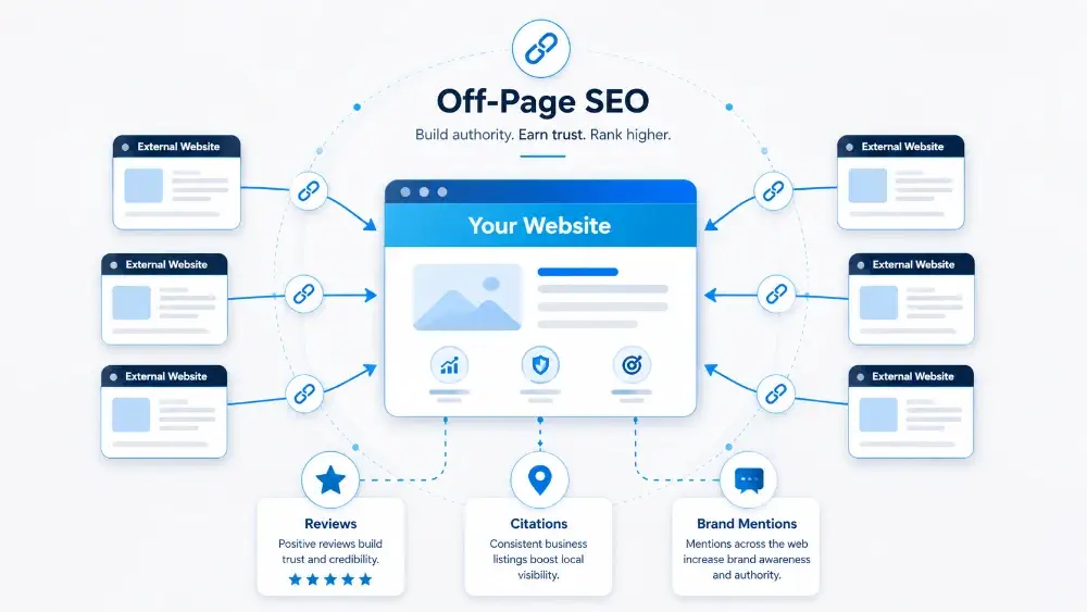 Off-page SEO signals including backlinks and reviews