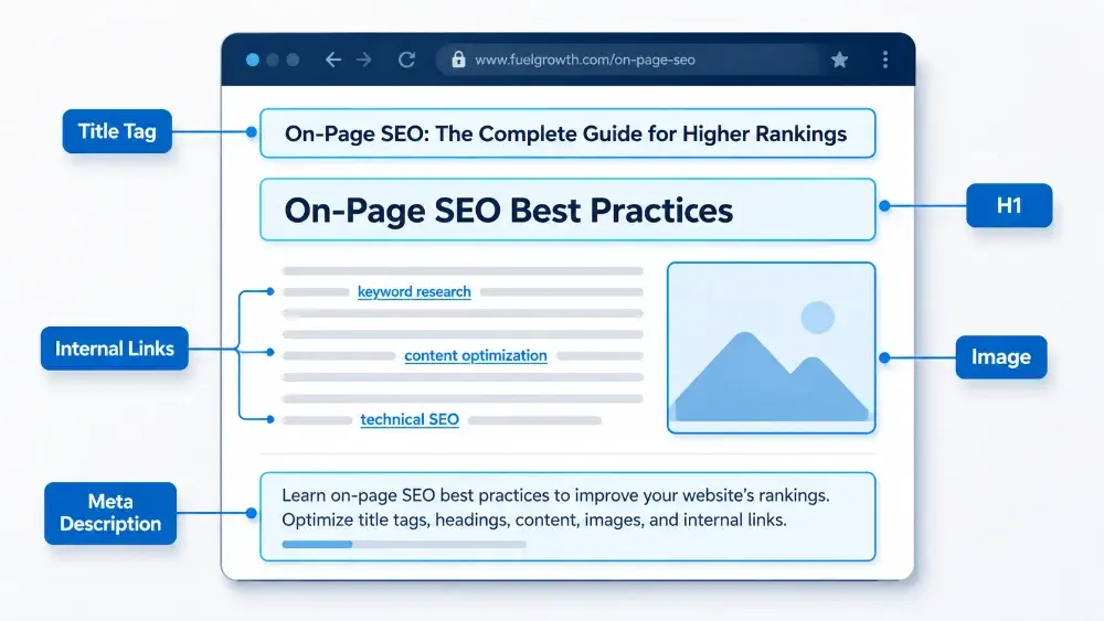 On-page SEO factors highlighted on a webpage