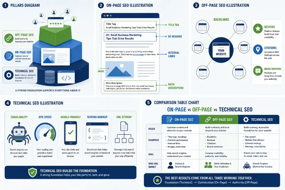 On-page vs off-page vs technical SEO comparison chart